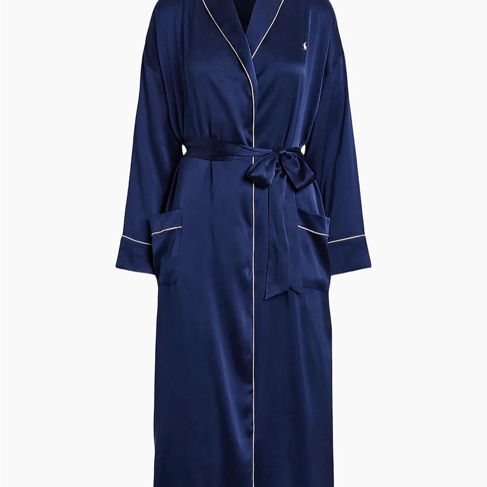 NWT Polo Ralph Lauren XL Stretch Silk Heritage Navy Belted Women's Long Robe